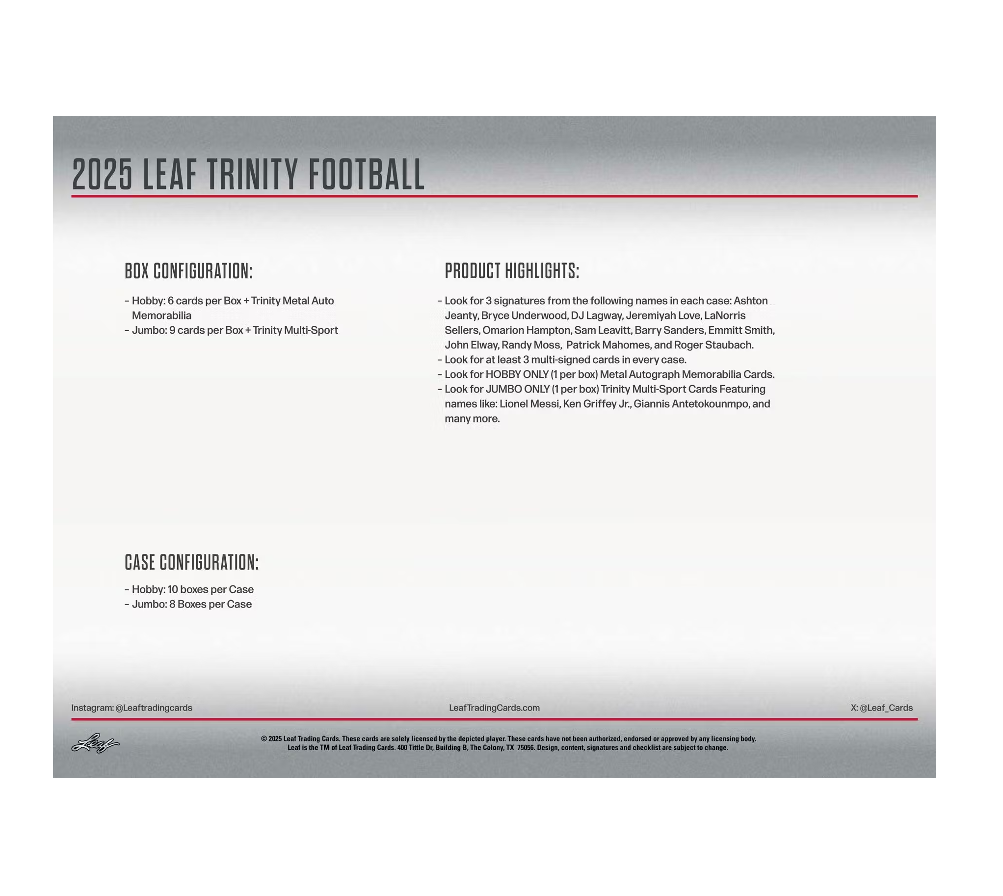 2025 Leaf Trinity Football Hobby Jumbo Box