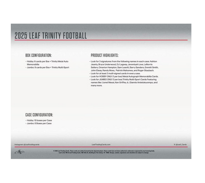 2025 Leaf Trinity Football Hobby Jumbo Box